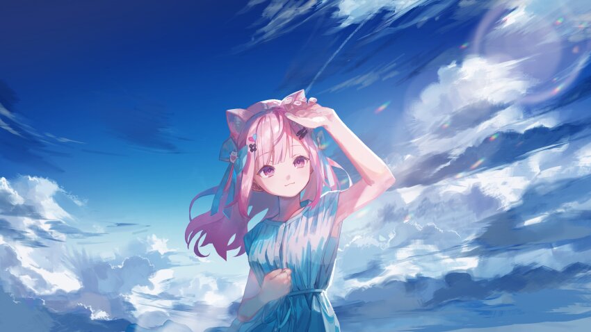 1girl :3 absurdres alternate_costume animal_ear_fluff animal_ears aqua_bow arm_up blue_sky blunt_bangs bow cat_ears cat_girl closed_mouth cloud commentary_request day dress extra_ears fish_hair_ornament hair_bow hair_ornament hairclip heart heart_hair_ornament highres indie_virtual_youtuber long_hair official_art outdoors pink_hair purple_eyes sky sleeveless sleeveless_dress solo sundress upper_body virtual_youtuber white_dress x_hair_ornament yoru_410 yuuki_sakuna