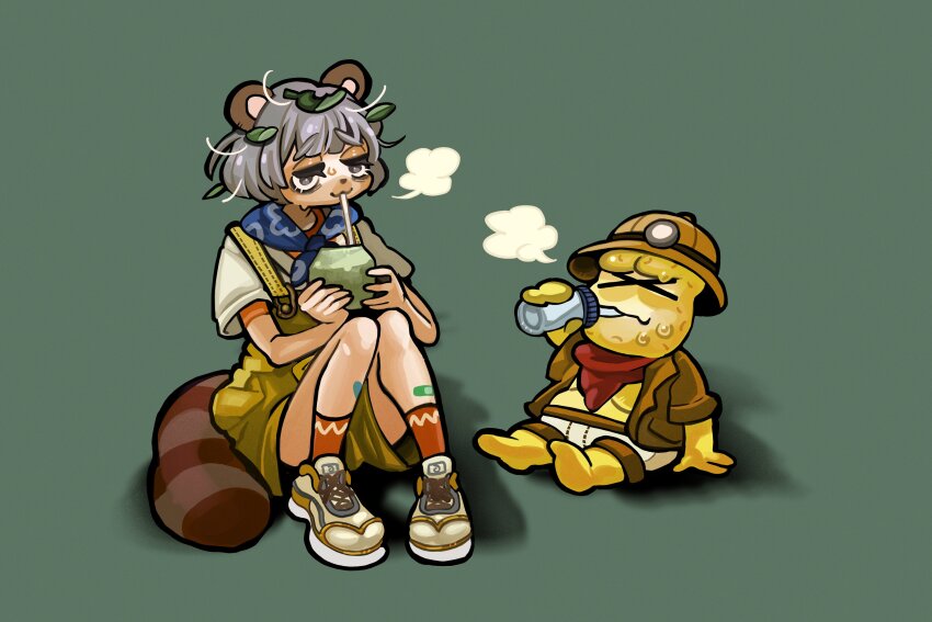 &gt;_&lt; :3 absurdres animal_ears animal_nose asada_daikon bags_under_eyes bandaid bandaid_on_leg bandana bandana_around_neck barefoot blue_bandana bottle breath briefs brown_shirt closed_mouth coconut_cup colored_skin commentary_request drinking exhausted green_background grey_eyes grey_hair half-closed_eyes headlamp helmet highres holding holding_bottle knees_up leaf leaf_on_head male_underwear messy_hair mode_aim open_clothes open_shirt orange_shirt overall_shorts overalls peanuts-kun pith_helmet ponpoko_(vtuber) raccoon_ears raccoon_girl raccoon_tail red_bandana red_socks shadow shirt shoes short_sleeves simple_background sitting sneakers socks sweat tail undershirt underwear virtual_youtuber water_bottle white_male_underwear white_shirt yellow_overalls yellow_skin