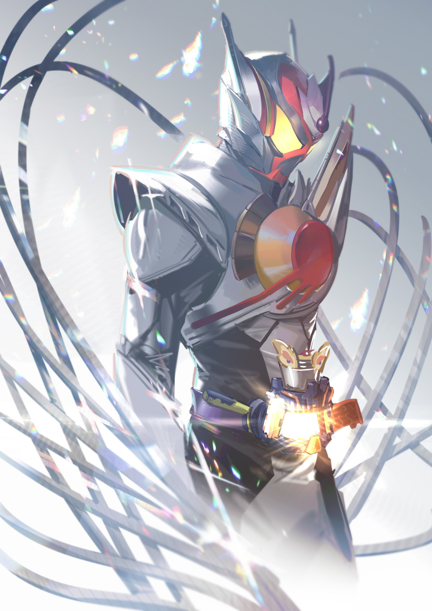 1boy absurdres commentary_request glowing glowing_eyes gochizo gradient_background grey_background helmet highres jiuri_jiuhao kamen_rider kamen_rider_gavv_(series) kamen_rider_vram light_particles profile pudding_a_la_mode rider_belt silver_armor silver_bodysuit solo tokusatsu upper_body vrastumgear yellow_eyes