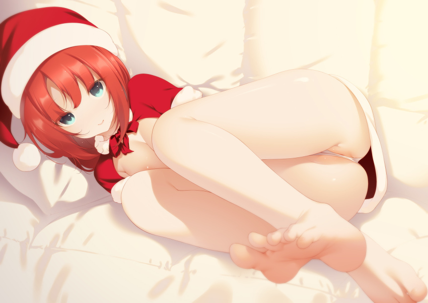 1girl areola_slip ass barefoot blue_eyes cleft_of_venus feet hat highres looking_at_viewer lying on_side panties red_hair red_hat santa_costume santa_hat shokuyou_mogura smile soles toes underwear