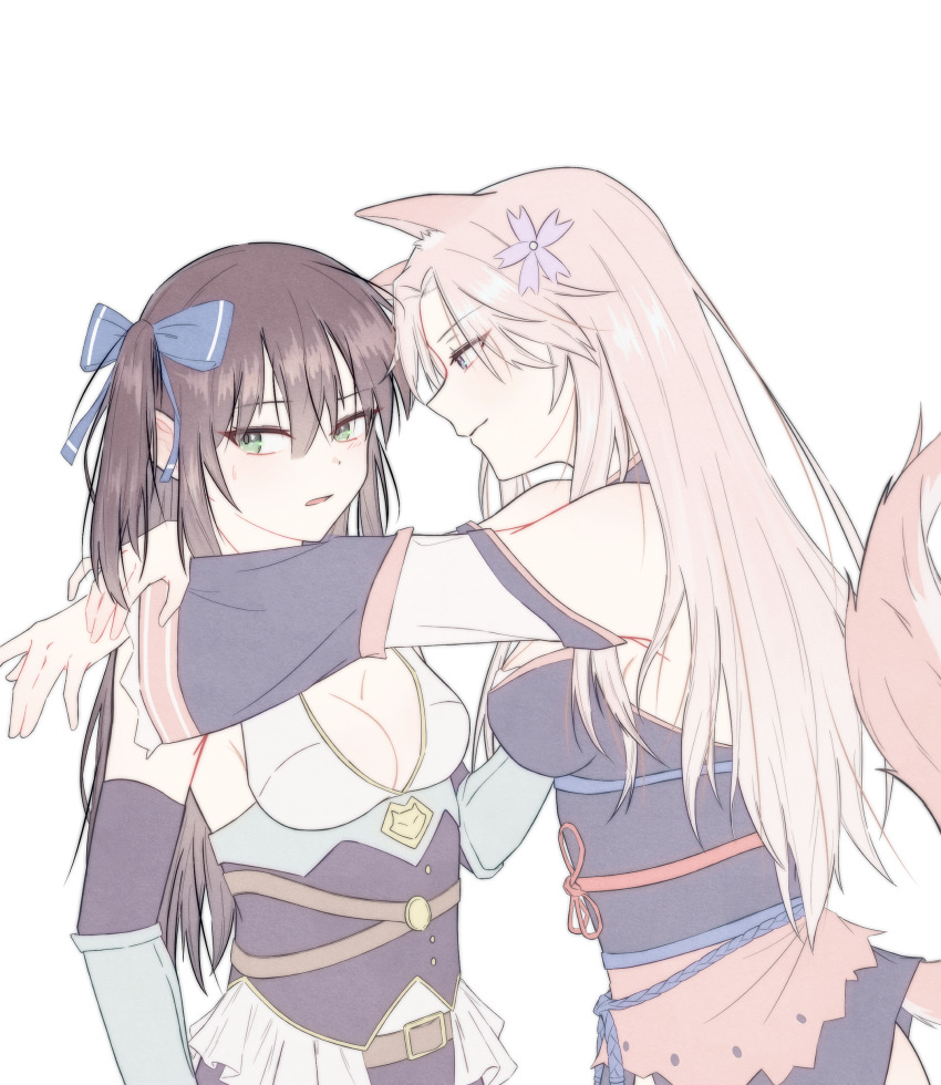 absurdres animal_ears arms_around_neck artist_request blue_eyes blush bow brown_hair ceri_(sakura_dungeon) commission commissioner_upload fox_ears fox_tail green_eyes hair_bow highres japanese_clothes kimono knight non-web_source off_shoulder pink_hair sakura_dungeon tail yomi_(sakura_dungeon) yuri