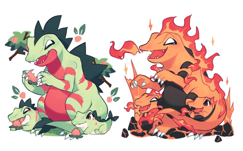 alternate_color berry_(pokemon) brown_eyes charamells claws closed_mouth commentary croconaw english_commentary evolutionary_line fangs feraligatr fire gen_2_pokemon grass highres holding nintendo no_humans open_mouth pokemon pokemon_(creature) red_eyes smile tongue totodile white_background