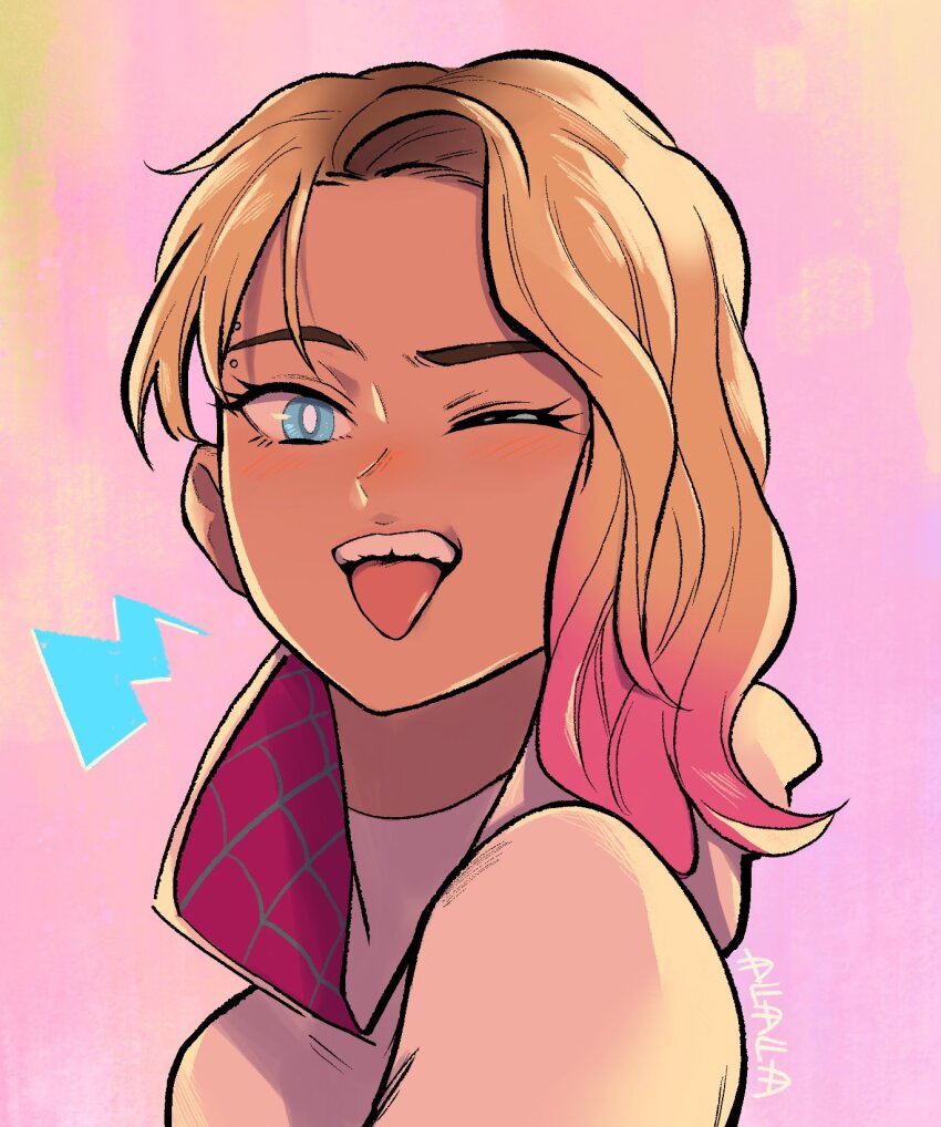 1girl asymmetrical_hair blonde_hair blue_eyes eyebrow_piercing face_piercing gwen_stacy highres hood looking_at_viewer marvel multicolored_hair piercing sidecut silk solo spider-gwen spider-man:_into_the_spider-verse spider-man_(series) spider-verse spider_web spider_web_print superhero_costume sushi_pizza_rrr tongue tongue_out tooth_gap undercut