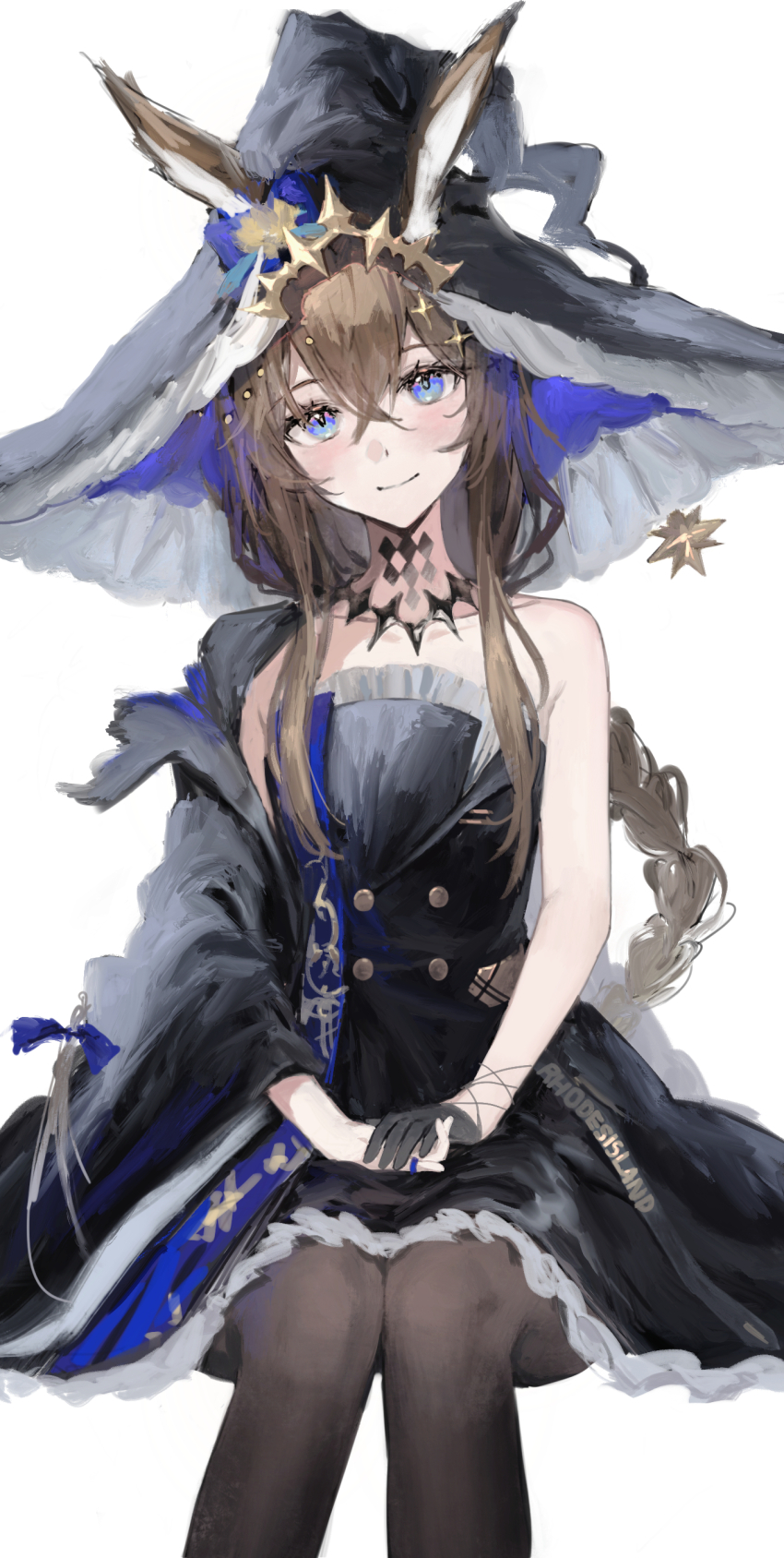1girl absurdres ambience_synesthesia amiya_(arknights) amiya_(medic)_(arknights) amiya_(medic)_(solo_around_the_world)_(arknights) animal_ears arknights bare_shoulders black_dress black_gloves black_hat black_pantyhose blue_eyes braid brown_hair closed_mouth dress ears_through_headwear frilled_dress frilled_hat frills gloves hair_between_eyes hair_ornament hat highres invisible_chair jewelry long_hair looking_at_viewer official_alternate_costume pantyhose rabbit_ears rabbit_girl ring simple_background single_glove sitting smile solo star_(symbol) star_hair_ornament white_background witch_hat yamiiv