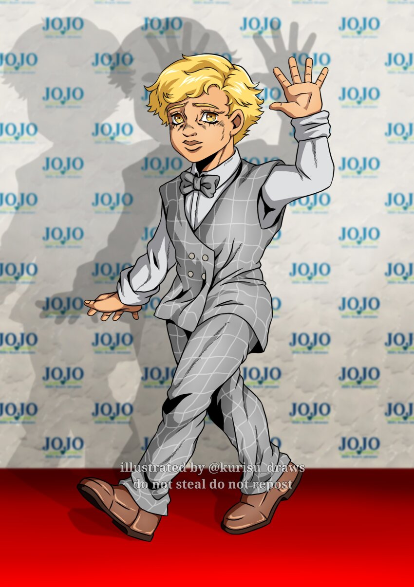 1boy absurdres alternate_costume artist_name blonde_hair emporio_alnino formal_clothes full_body highres jojo_no_kimyou_na_bouken kurisu_draws lips runway salute shoes short_hair suit vest yellow_eyes