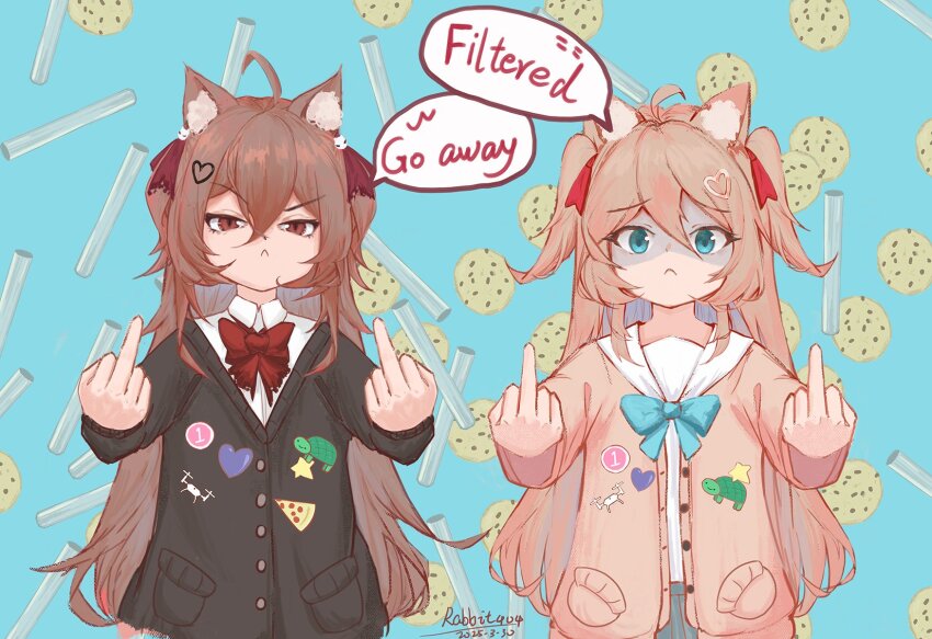 2girls :&lt; ahoge animal_ear_fluff animal_ears artist_name black_cardigan blue_background blue_eyes bow bowtie brown_hair cardigan cat_ears chocolate_chip_cookie commentary cookie cowboy_shot dated double_middle_finger english_commentary english_text evil_neuro-sama food frown furrowed_brow hair_ornament hair_ribbon highres indie_virtual_youtuber long_hair long_sleeves looking_at_viewer meme metal_pipe_falling_(meme) middle_finger multiple_girls neuro-sama outstretched_arms rabbit404 raised_eyebrow red_bow red_bowtie red_eyes red_ribbon ribbon shaded_face signature speech_bubble standing straight-on two_side_up unbuttoned v-shaped_eyebrows virtual_youtuber yellow_cardigan