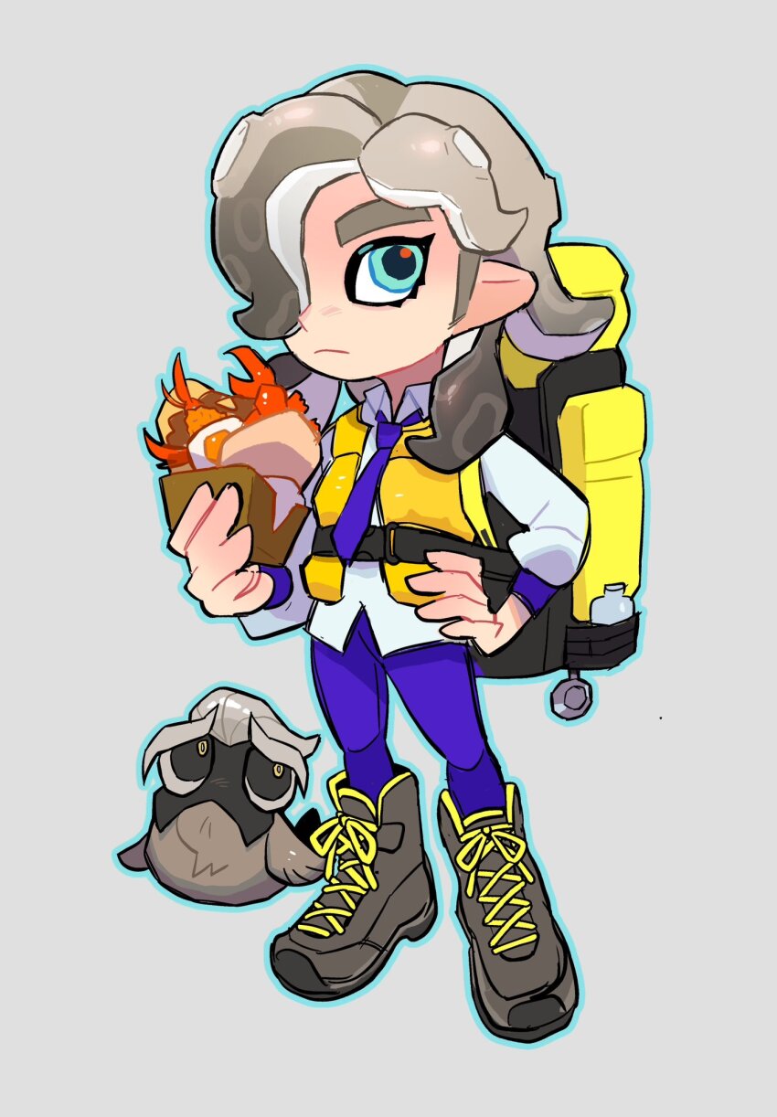 1boy arven_(pokemon) backpack bag boots closed_mouth collared_shirt commentary green_eyes grey_background hair_over_one_eye hand_on_own_hip highres holding mabosstiff male_focus mobuoji2022 necktie nintendo octoling pants pointy_ears pokemon pokemon_sv shirt splatoon_(series) standing vest yellow_bag yellow_vest