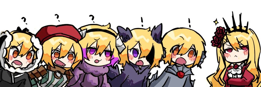 ! 6+girls :&lt; :o ? animal_ears ascot black_hanbok blonde_hair blush_stickers bolkki crossed_arms don_quixote_(project_moon) e.g.o_(project_moon) electric_screaming_(e.g.o) fang fins flower fluid_sac_(e.g.o) glint hair_between_eyes hair_flower hair_ornament hanbok hat head_fins highres horns lianggua675420 lifetime_stew_(e.g.o) limbus_company long_hair looking_at_another multiple_girls multiple_persona project_moon purple_eyes red_flower red_hat sheep_horns shirt short_hair simple_background tail telepole_(e.g.o) upper_body white_ascot white_background white_shirt wishing_cairn_(e.g.o) wolf_ears wolf_girl wolf_tail yellow_eyes