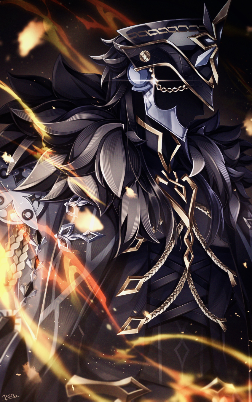 1boy absurdres black_cape black_fur black_hair black_helmet black_shirt cape capitano_(genshin_impact) collared_shirt commentary_request fire from_side fur_trim genshin_impact gold_trim helmet highres long_hair male_focus profile shirt solo sparkle uouzzz upper_body