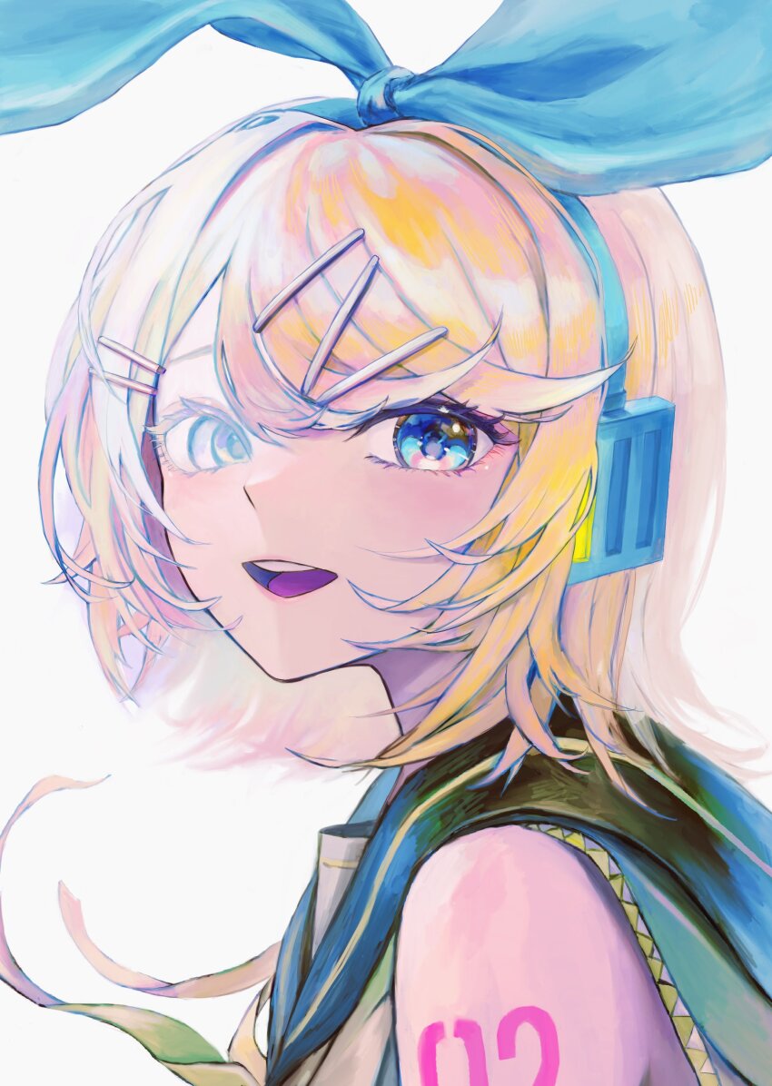 1girl absurdres bare_shoulders blonde_hair blue_bow blue_eyes blue_headphones blue_sailor_collar bow commentary from_side hair_bow hair_ornament hairpin highres kagamine_rin looking_to_the_side lui_n24 medium_hair multiple_hairpins number_tattoo open_mouth parted_bangs portrait sailor_collar shirt shoulder_tattoo simple_background smile solo tattoo teeth upper_teeth_only vocaloid white_background white_shirt
