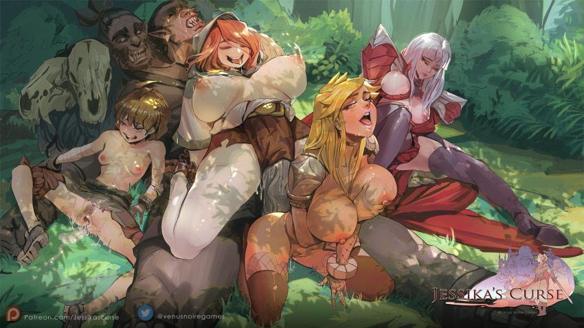 1boy 4girls animal_skull armor beard blonde_hair breasts brown_hair brown_thighhighs bush cape choker closed_eyes clothed_female_nude_male cum cum_overflow cum_pool cumdrip facial_hair female_pubic_hair fishnets flustered forest girthy_penis grabbing_own_breast half-closed_eyes harem height_difference hetero high_heels highres hime_cut hood jessika’s_curse large_breasts large_penis logo loincloth long_hair medium_breasts monster motion_blur multiple_girls nature nude ogre on_grass original patreon_logo patreon_username pauldrons penis precum pubic_hair purple_thighhighs pussy_juice pussy_juice_puddle red_cape red_hair saliva sex sharp_teeth shoes short_hair shoulder_armor size_difference skull small_breasts sommelier spread_pussy teardrop teeth thick_thighs thighhighs thighs tongue tongue_out twitter_logo twitter_username venusnoiregames white_hair