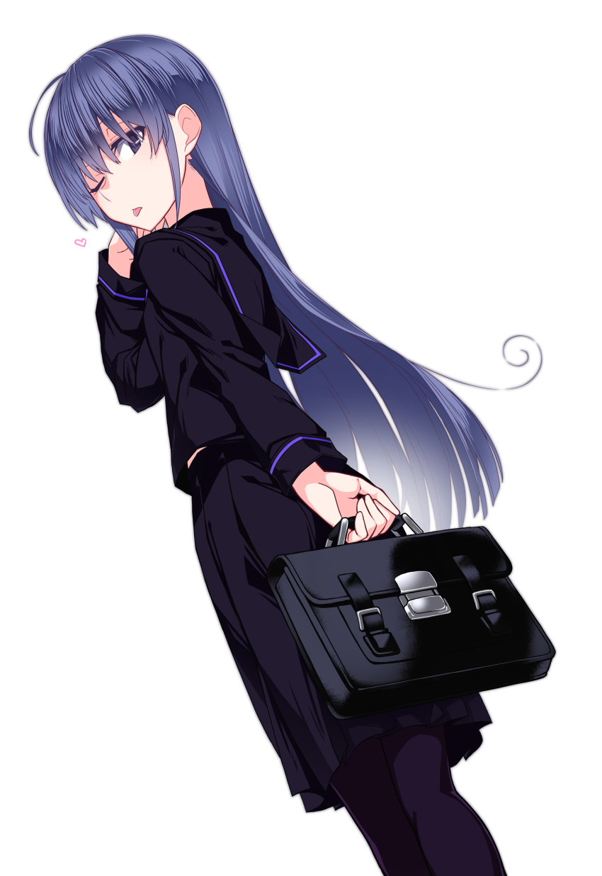 1girl absurdres bag black_sailor_collar black_serafuku black_shirt black_skirt briefcase highres holding holding_bag kazami_nobuko long_hair long_sleeves looking_at_viewer original oteruko_(wanabeee) pantyhose pleated_skirt sailor_collar school_bag school_briefcase school_uniform serafuku shirt simple_background skirt solo very_long_hair white_background