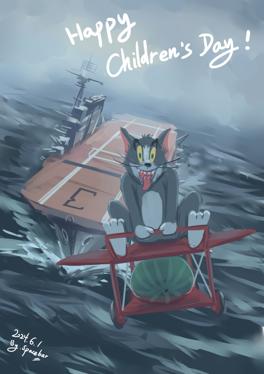 1boy absurdres aircraft aircraft_carrier cat children&#039;s_day dutch_angle english_text f6f_hellcat flying fog highres military military_vehicle no_humans ocean pun ship spacebar_hobby tom_(tom_and_jerry) tom_and_jerry tongue tongue_out uss_saratoga_(cv-3) warship watercraft