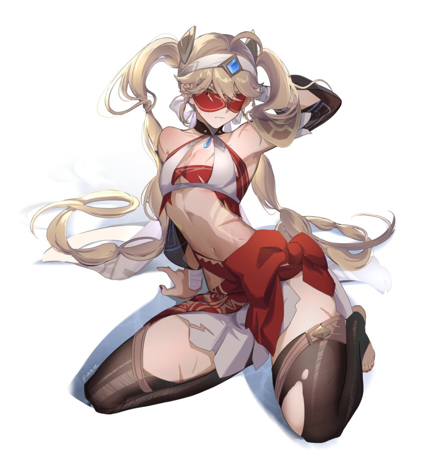 1boy aether_(genshin_impact) arm_behind_head arm_up bare_shoulders blindfold blonde_hair chinese_commentary cosplay crop_top crossdressing earrings elbow_gloves eremite_(faction) eremite_desert_clearwater_(genshin_impact) eremite_desert_clearwater_(genshin_impact)_(cosplay) facial_mark forehead_jewel forehead_mark gem genshin_impact gloves highres jewelry long_hair male_focus midriff nail_polish red_blindfold red_sash sash scar simple_background sitting solo suanjiaogao thighhighs trap twintails white_background