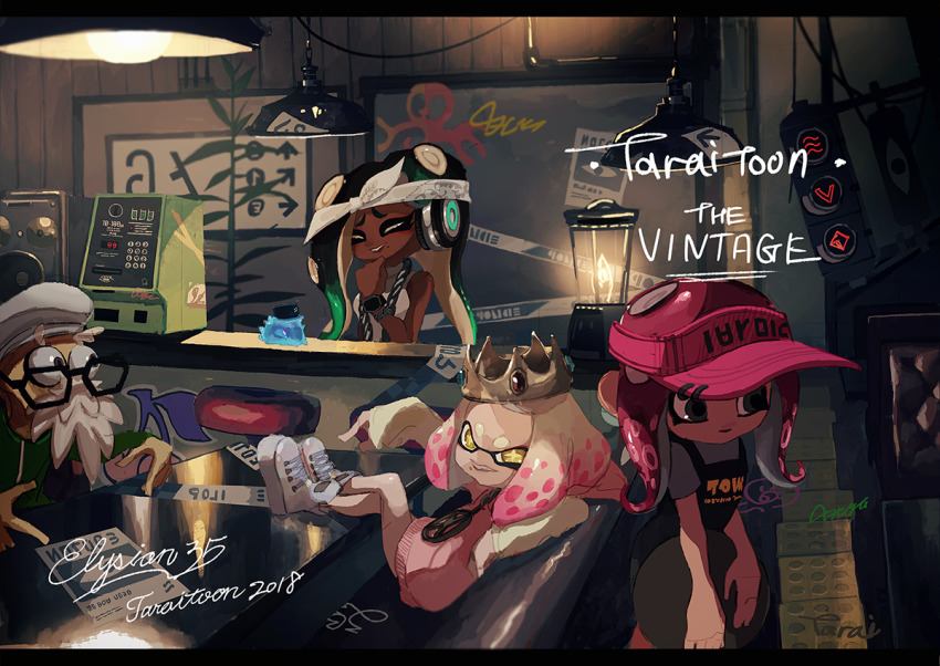 +_+ 1boy 2018 3girls ^_^ apron arm_behind_head arm_up bandana beard black-framed_eyewear black_apron black_eyes black_hair blender_(object) c.q._cumber_(splatoon) cap&#039;n_cuttlefish chain chain_necklace closed_eyes commander_tartar crown dark_skin facial_hair furrowed_brow gem glasses green_eyes green_jacket hand_up hat headphones indoors inkling jacket jewelry long_hair long_sleeves looking_at_viewer marina_(dj_hyperfresh)_(splatoon) marina_(splatoon) mole mole_under_eye multicolored_hair multiple_girls necklace nintendo octoling octoling_girl octoling_player_character old old_man open_mouth pearl_(mc.princess)_(splatoon) pearl_(splatoon) phone pink_hair pink_hat plant sea_cucumber short_hair short_sleeves signature sitting sleeveless smile splatoon_(series) splatoon_2 splatoon_2:_octo_expansion suction_cups symbol-shaped_pupils table tarai_(silica5) teeth tentacle_hair track_jacket traffic_light two-tone_hair visor_cap white_footwear white_hair white_hat wooden_wall yellow_eyes