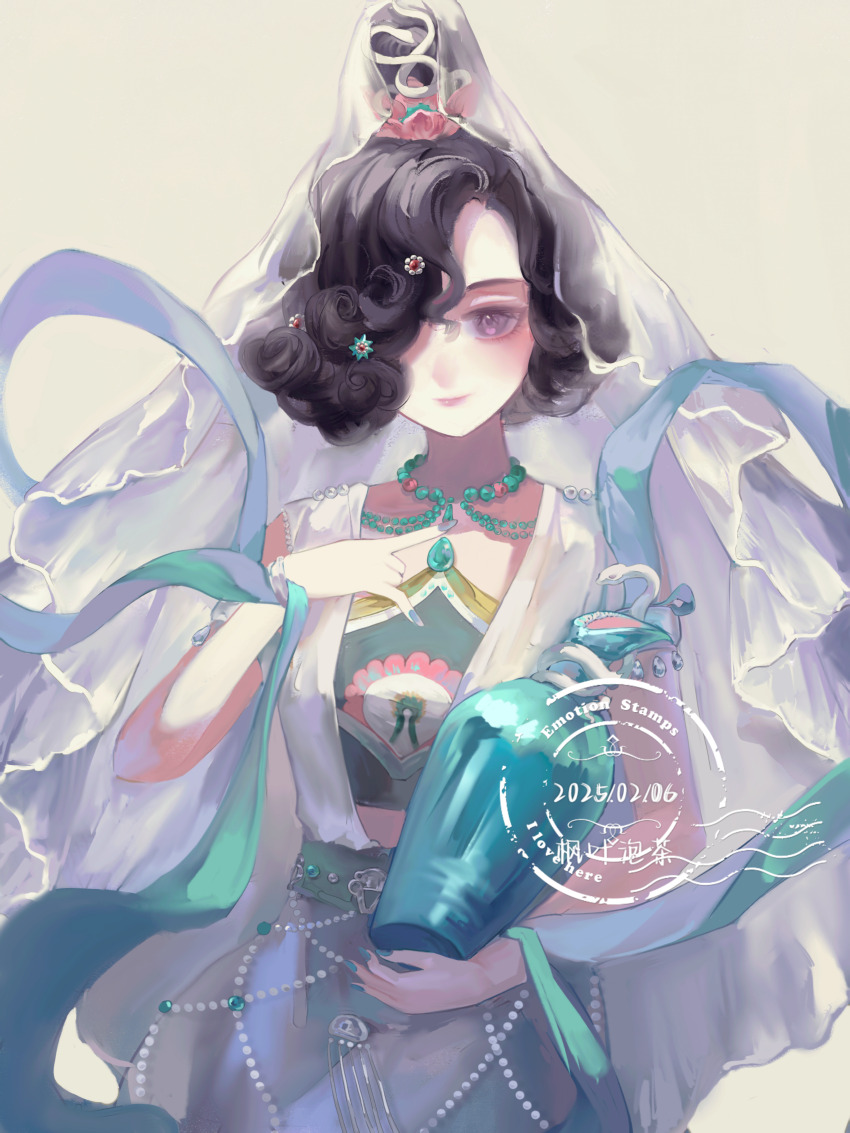 1girl absurdres artist_name black_hair bottle closed_mouth dated dress fengye_pao_cha green_shawl hagoromo hair_bun hair_ornament hair_over_one_eye hand_on_own_chest hand_up highres holding holding_bottle jewelry lotus_hair_ornament necklace official_alternate_costume one_eye_covered purple_eyes reverse:1999 shawl short_hair sleeveless sleeveless_dress smile snake_hair_ornament solo tuesday_(reverse:1999) upper_body veil watermark white_background white_dress white_veil