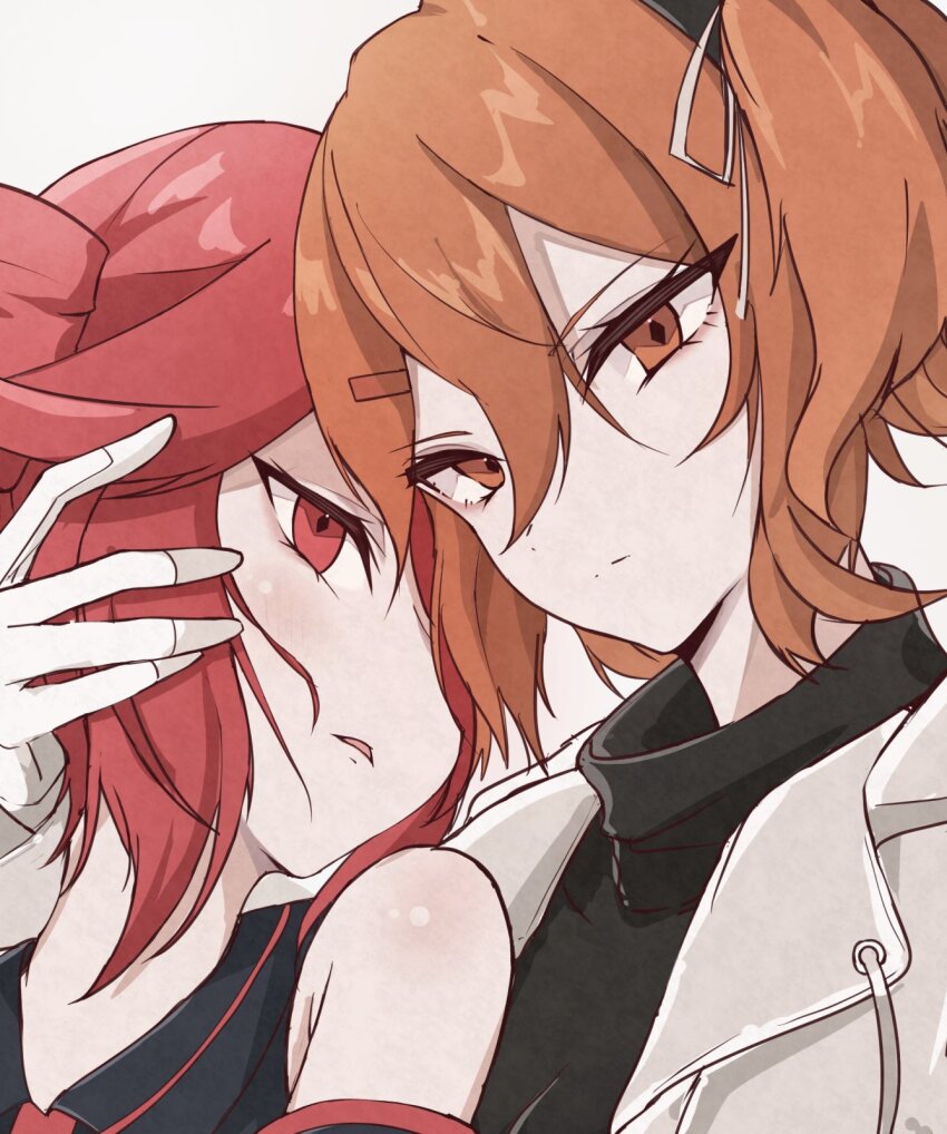 2girls a.i._voice adachi_rei armpit_crease bare_shoulders black_shirt closed_mouth drill_hair gloves hair_ribbon hashtag-only_commentary head_hug highres jacket kasane_teto kasane_teto_(utau) looking_at_viewer multiple_girls open_clothes open_jacket open_mouth orange_eyes orange_hair ramie_li red_hair ribbon shirt side_drill side_ponytail upper_body utau white_gloves white_jacket white_ribbon yuri