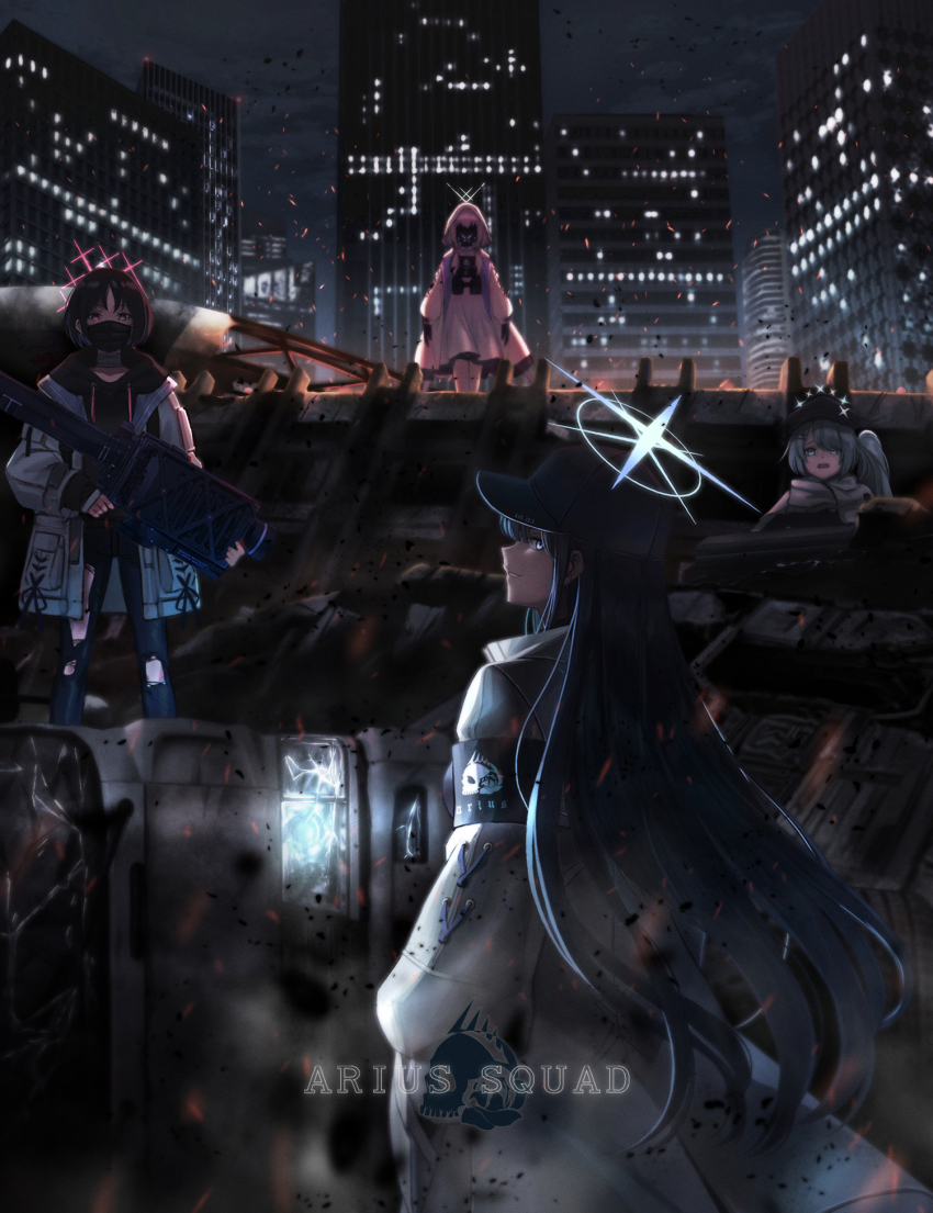4girls armband asymmetrical_bangs atsuko_(blue_archive) bandaged_neck bandages baseball_cap black_gloves black_hair black_headwear black_hoodie black_mask blue_archive blue_eyes building city cityscape commentary dress embers english_commentary english_text eyes_visible_through_hair facing_viewer fim-92_stinger gas_mask gloves glowing green_hair grin hair_between_eyes hair_ornament hair_over_one_eye hairclip halo hat highres hiyori_(blue_archive) holding holding_rocket_launcher holding_weapon hood hood_up hooded_jacket hoodie jacket junu_(jwoo5627) light long_hair long_sleeves looking_at_viewer mask misaki_(blue_archive) motor_vehicle mouth_mask multiple_girls night open_clothes open_jacket open_mouth pink_hair red_eyes rocket_launcher rubble saori_(blue_archive) scarf short_hair side_ponytail sidelocks smile standing surgical_mask torn_clothes truck weapon white_dress white_jacket white_scarf wreckage