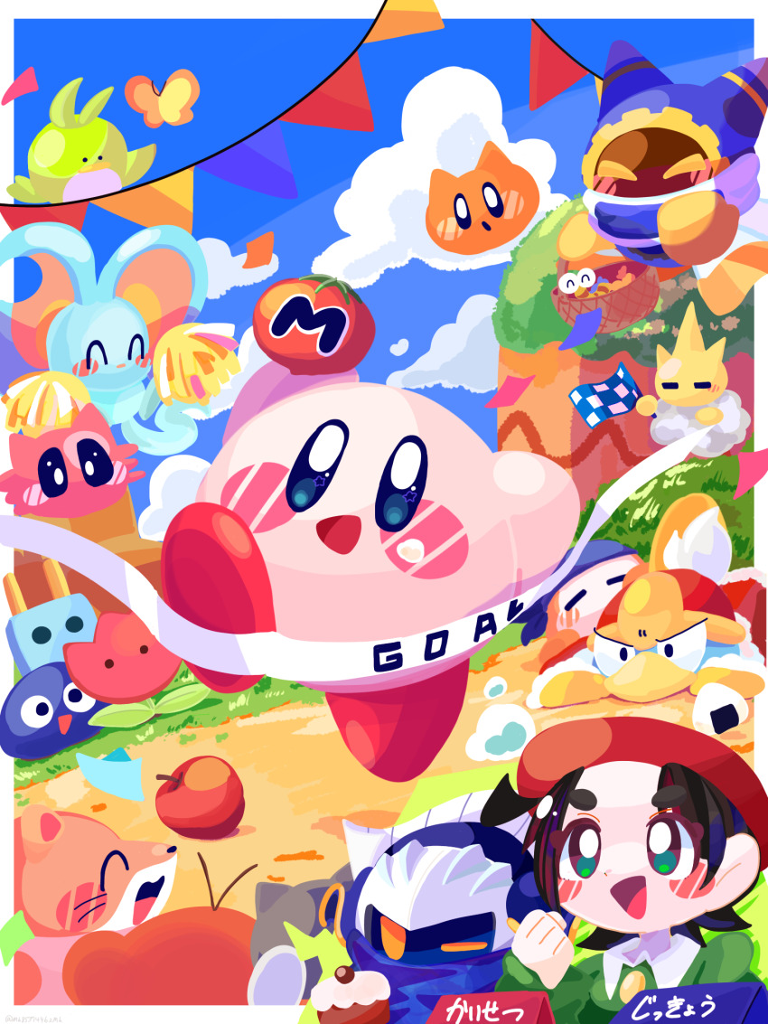 :d :o ^_^ adeleine apple arms_up bandana bandana_waddle_dee basket beret bird black_hair blue_bandana blue_cape blue_eyes blue_sky blush blush_stickers border bug butterfly cake cape capiller_(kirby) character_request checkered_flag clenched_hand closed_eyes cloud collared_shirt commentary_request confetti day elfilin fallen_down finish_line flag flower food fruit fur-trimmed_jacket fur_trim gooey_(kirby) grass green_eyes green_shirt hand_up hat highres hill holding holding_basket holding_flag holding_food holding_pom_poms insect jacket king_dedede kirby kirby_(series) long_sleeves looking_at_viewer magolor mask maxim_tomato meta_knight n-z nintendo omame_sakana on_cloud onigiri open_mouth outdoors outside_border parted_bangs path pennant pitch_(kirby) plugg_(kirby) pom_pom_(cheerleading) pom_poms racing rayman_limbs red_flower red_headwear red_jacket road running scarfy shirt short_hair sky smile string_of_flags tomato tulip_(kirby) v-shaped_eyebrows waddle_doo whiskers_(kirby) white_border yellow_butterfly zoos_(kirby)