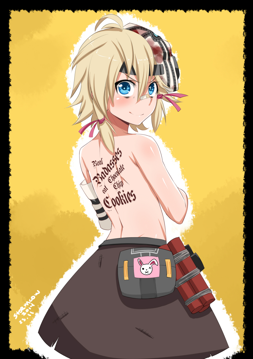 &gt;:) 1girl 2014 artist_name back back_tattoo bad_id bad_pixiv_id bags_under_eyes bandages blonde_hair blue_eyes borderlands_(series) borderlands_2 dated dynamite english_text explosive female_focus highres looking_at_viewer looking_back mask solo stormcow tattoo tiny_tina tnt topless_female v-shaped_eyebrows