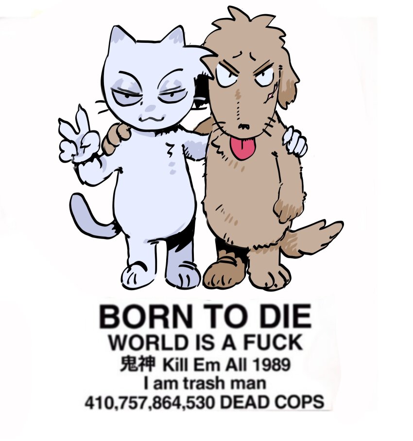 :3 akagi:_yami_ni_oritatta_tensai akagi_shigeru animalization born_to_die_world_is_a_fuck_(meme) cat closed_mouth commentary dog english_commentary english_text fukumoto_mahjong full_body grey_cat highres itou_kaiji kaiji looking_at_viewer meme no_humans simple_background smile tongue tongue_out tzk6996