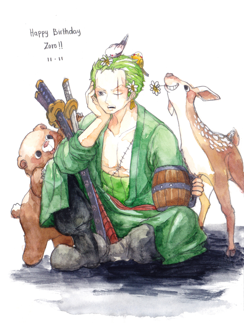 1boy animal animal_on_head bear beer_mug bird bird_on_head black_footwear boots character_name chul_(pacifique) commentary cup daisy dated deer earrings english_commentary flower flower_in_mouth green_hair green_kimono hair_flower hair_ornament happy_birthday haramaki highres holding holding_cup japanese_clothes jewelry kimono male_focus mug on_head one_eye_closed one_piece painting_(medium) roronoa_zoro scar scar_across_eye scar_on_face short_hair sitting smile stitched_torso stitches sword traditional_media v-shaped_eyebrows watercolor_(medium) weapon