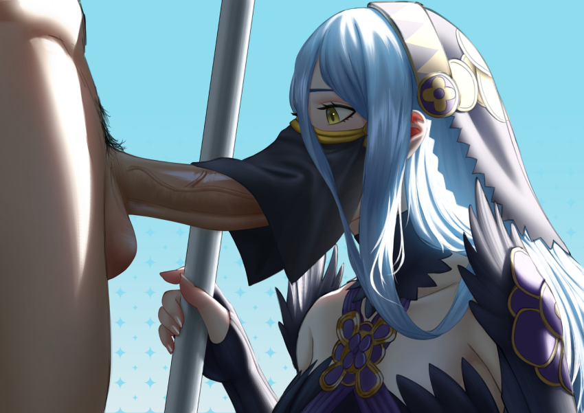 1boy 1girl azura_(fire_emblem) azura_(lady_of_ballads)_(fire_emblem) blue_hair breasts covered_mouth erection fellatio fellatio_under_mask fingerless_gloves fire_emblem fire_emblem_fates gloves headdress hetero jornyhail male_pubic_hair mask mouth_mask mouth_veil nintendo official_alternate_costume open_mouth oral penis profile pubic_hair staff uncensored veil veins veiny_penis yellow_eyes
