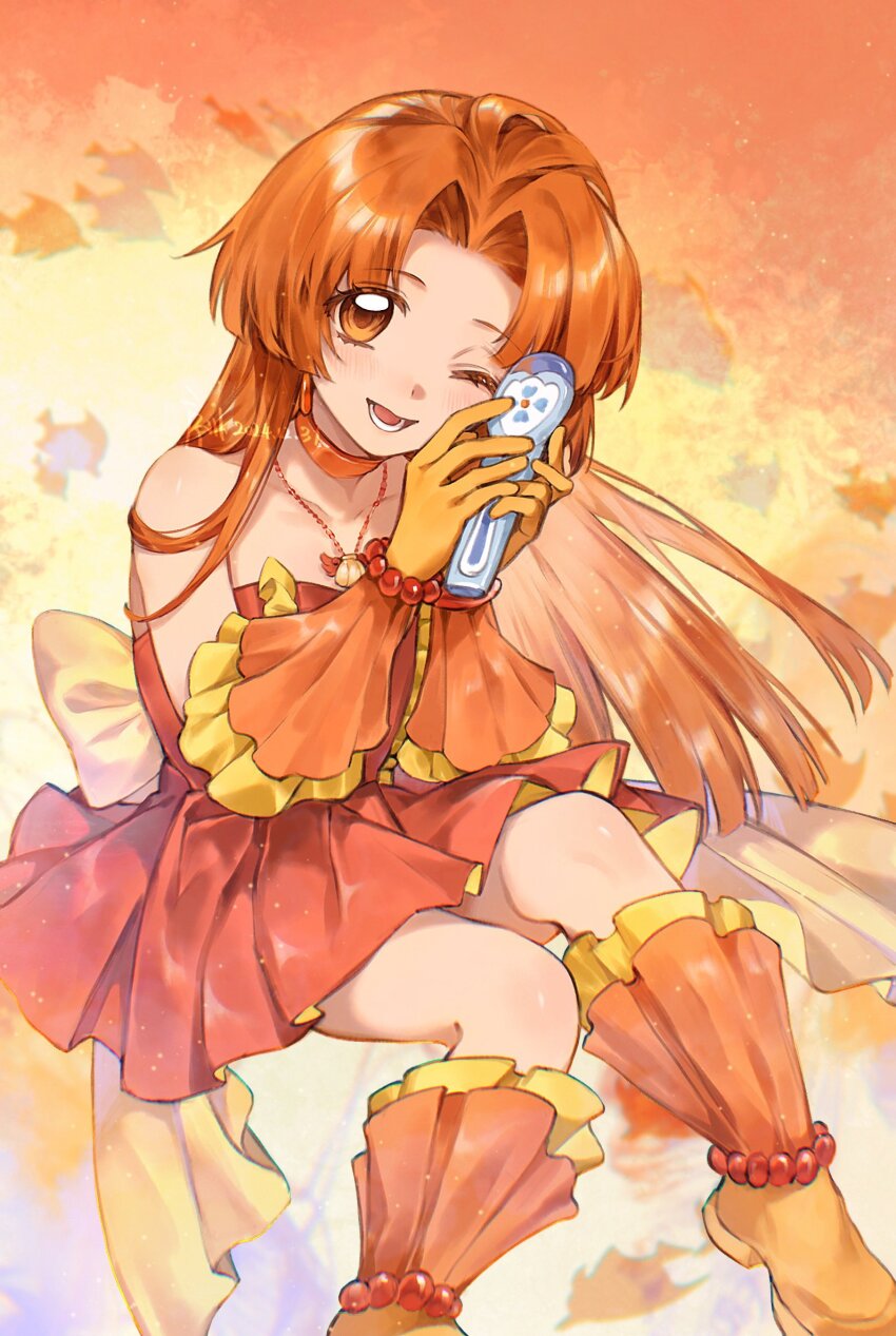 1girl anklet back_bow bare_shoulders bead_anklet bead_bracelet beads blunt_bangs blunt_ends boots bow bracelet choker commentary dress earrings foot_out_of_frame frilled_boots frilled_gloves frills gloves hands_up highres holding holding_microphone idol idol_clothes jewelry light_blush long_hair looking_at_viewer lower_teeth_only magical_girl mermaid_melody_pichi_pichi_pitch microphone necklace one_eye_closed open_mouth orange_boots orange_choker orange_eyes orange_gloves orange_hair own_hands_together parted_bangs red_dress seira_(mermaid_melody_pichi_pichi_pitch) shell shell_necklace sitting smile solo strapless strapless_dress symbol-only_commentary teeth xuchuan yellow_bow