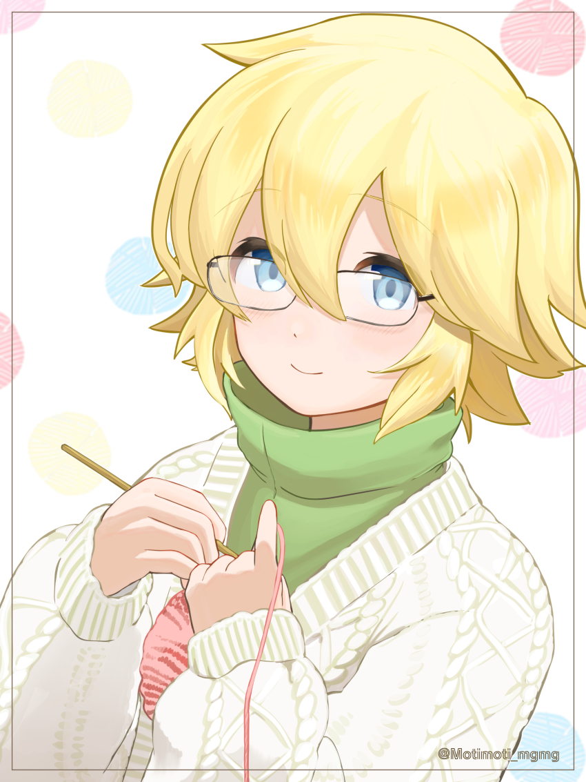 1boy absurdres artist_name blonde_hair blue_eyes hair_between_eyes highres knitting knitting_needle long_sleeves male_focus motimoti_mgmg needle otomo_(puyopuyo) puyopuyo puyopuyo_quest short_hair smile solo sweater turtleneck upper_body yarn