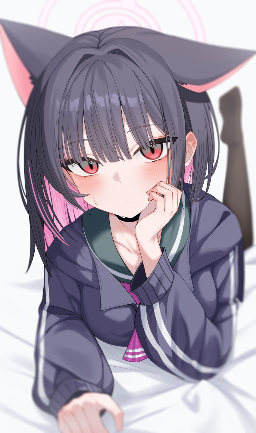 1girl absurdres animal_ears ascot black_choker black_hair black_jacket black_pantyhose blue_archive blunt_ends blush cat_ears cat_girl choker closed_mouth colored_inner_animal_ears colored_inner_hair extra_ears green_sailor_collar hair_between_eyes hand_on_own_face highres jacket kazusa_(blue_archive) looking_at_viewer lying multicolored_hair no_shoes on_stomach pantyhose pink_ascot pink_hair sailor_collar short_hair solo sweat two-tone_hair wendao
