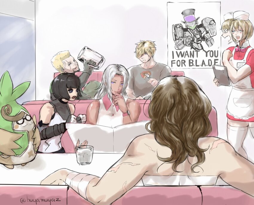 3boys 4girls apron beard beer_mug black_hair blonde_hair blue_eyes chest_sarashi cross_(xenoblade_x) cup dark-skinned_female dark_skin dress elma_(xenoblade_x) facial_hair frye_christoph green_hair grey_shirt hair_over_one_eye highres i_want_you lin_lee_koo long_hair mug multiple_boys multiple_girls nopon parody phog_christoph red_dress sarashi scar shirt tatsu_(xenoblade_x) uya_(yurukah) waitress white_shirt xenoblade_chronicles_(series) xenoblade_chronicles_x