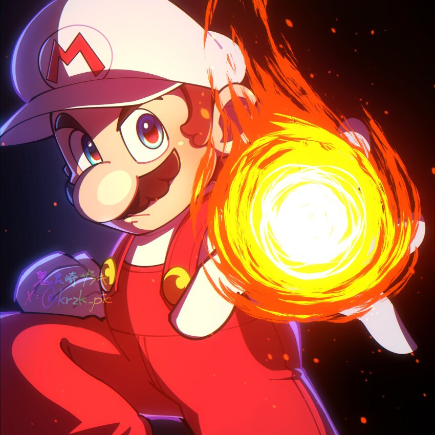 1boy blue_eyes brown_hair facial_hair fire_mario fireball gloves hat highres krzk_pic looking_at_viewer mario mario_(series) mustache nintendo official_alternate_costume overalls red_overalls shirt short_hair signature solo white_gloves white_hat white_shirt