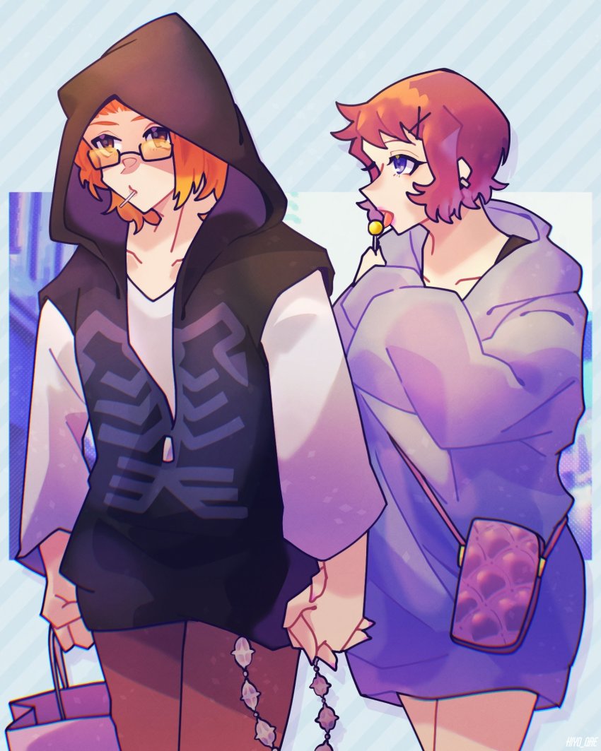 1boy 1girl bag black_hoodie blue_eyes brown_eyes candy chain eyebrows food food_in_mouth glasses handbag highres hiyo_qre holding_hands hood hood_up hoodie jewelry kariya_koki lollipop nail_polish necklace orange_hair pink_hair pink_nails rectangular_eyewear shin_subarashiki_kono_sekai shirt short_hair subarashiki_kono_sekai white_shirt yashiro_uzuki zipper zipper_pull_tab