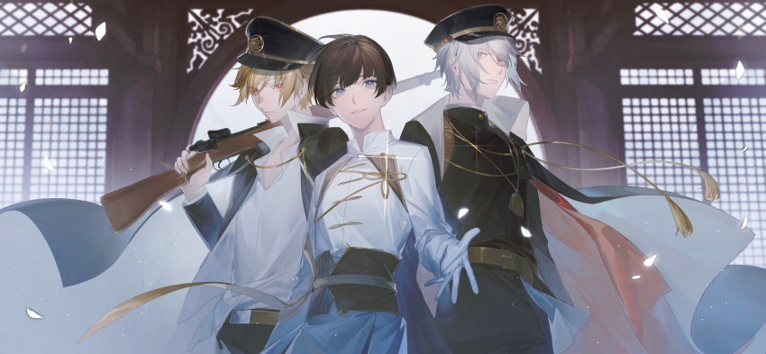3boys absurdres arms_at_sides beckoning belt black_cape black_headwear black_jacket black_pants black_sash blonde_hair blue_eyes blunt_bangs bowl_cut brown_belt brown_hair cape chinese_clothes closed_mouth collared_cape cowboy_shot dezhou_chicken_(the_tale_of_food) eyes_visible_through_hair fuli_chicken_(the_tale_of_food) gloves grey_hair gun hair_between_eyes hat highres holding holding_gun holding_weapon indoors jacket jewelry long_sleeves looking_at_viewer male_focus male_master_(the_tale_of_food) meru02295238 moon_gate multiple_boys open_clothes open_jacket orange_cape orange_eyes over_shoulder pants parted_lips peaked_cap pendant popped_collar rifle sash shirt shirt_partially_tucked_in short_hair smile standing swept_bangs tangzhuang tassel the_tale_of_food tilted_headwear two-sided_cape two-sided_fabric weapon weapon_over_shoulder white_gloves white_pants white_shirt window yellow_eyes