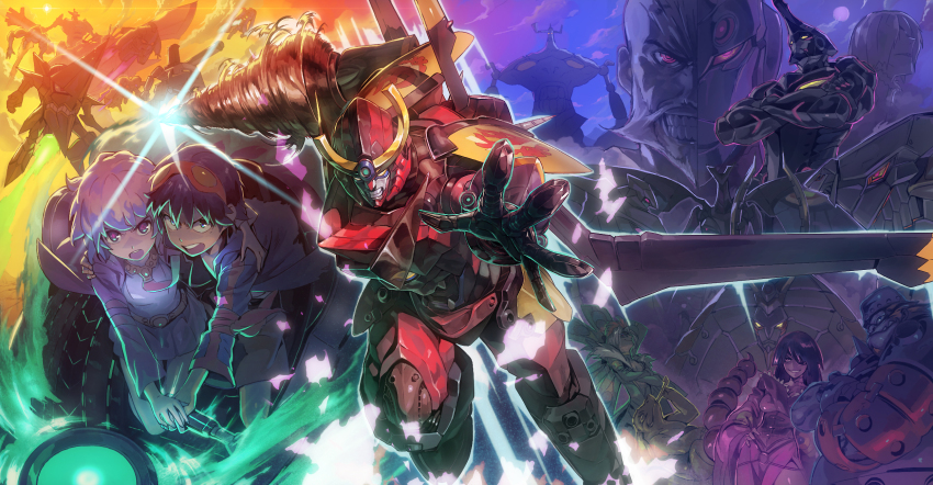 00s 2girls 5boys adiane byakou cytomander dai-gurren dayakkaiser diffraction_spikes drill epic gember guame gurren-lagann highres holding_hands kidd_knuckle king_kittan ladic lazengann lens_flare lordgenome mecha moshogun multiple_boys multiple_girls nia_teppelin robot sayrune shuzack simon_(ttgl) sky sozoshin tengen_toppa_gurren_lagann thymilph twin_boukun viral_(ttgl)