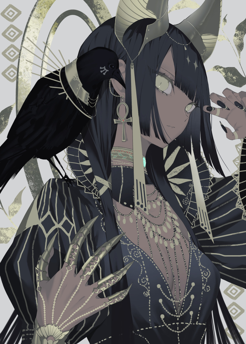 1girl absurdres animal animal_on_shoulder bastet_(mythology) bird bird_on_shoulder black_dress black_hair body_chain breasts closed_mouth cross cross_earrings crow dark-skinned_female dark_skin dress earrings egyptian_mythology fake_claws fingernails gold_ring highres jewelry kotarou_(kot_mochi) long_fingernails long_hair long_sleeves looking_at_viewer original puffy_long_sleeves puffy_sleeves small_breasts solo upper_body yellow_eyes