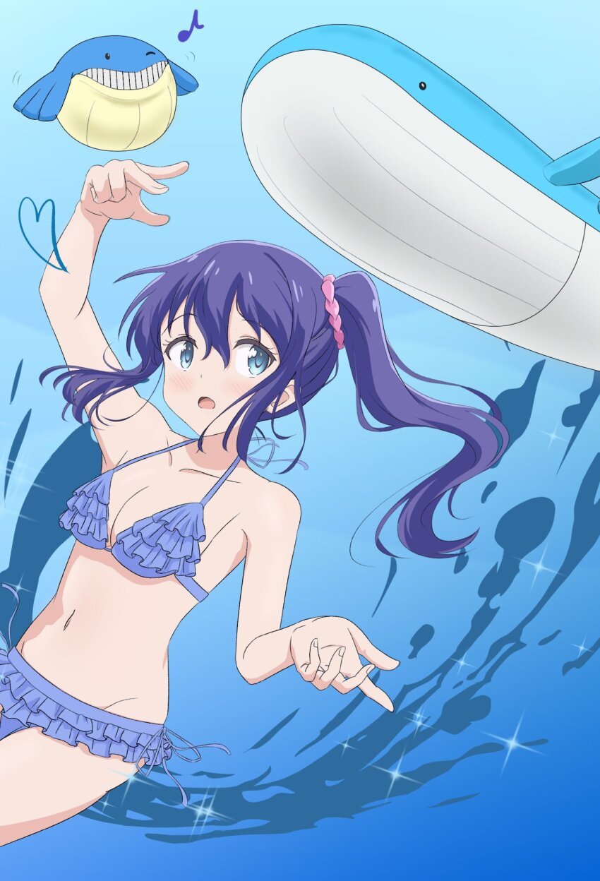 1girl arm_above_head bare_shoulders bikini blue_background blue_bikini blue_eyes blue_hair blush breasts collarbone crossover dot_nose gen_3_pokemon heart_(symbol) highres koisuru_asteroid legs manaka_ao medium_breasts musical_note navel nintendo one_eye_closed open_mouth pokemon pokemon_(creature) ponytail qb_(qb46311027) sparkle swimsuit teeth wailmer wailord