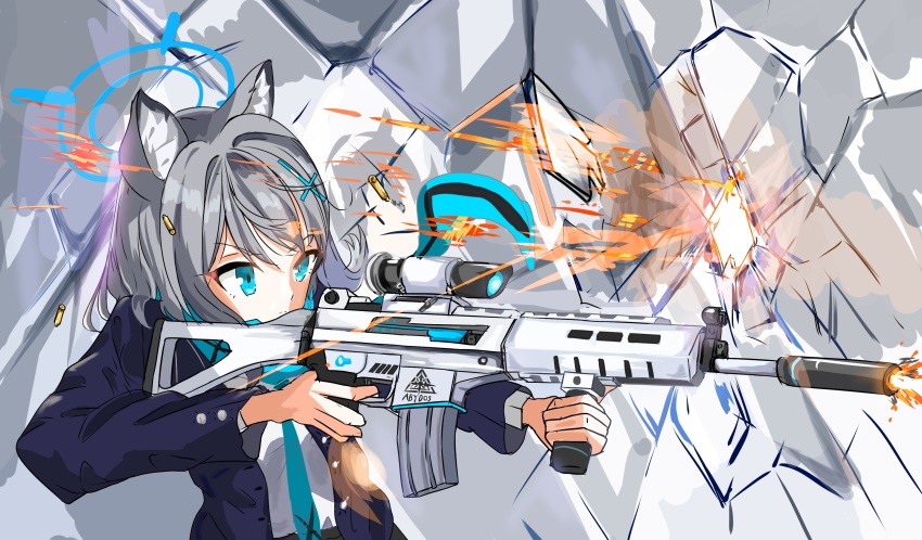 absurdres aiming animal_ears ar16 assault_rifle blue_archive blue_eyes casing_ejection firing grey_hair gun hair_ornament hairclip halo heterochromia highres muzzle_flash necktie rifle scarf school_uniform shell_casing shiroko_(blue_archive) weapon wolf_ears