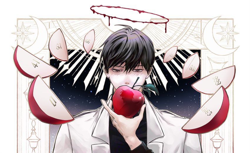 1boy apple apple_slice black_eyes black_hair black_shirt blood blood_halo coat covering_own_mouth crescent food fruit halo holding holding_food holding_fruit kim_dokja liquid_halo looking_at_object male_focus numbered omniscient_reader&#039;s_viewpoint raya_(000_unseen) shadow shirt short_hair silhouette solo sparkle sun white_background white_coat yoo_joonghyuk