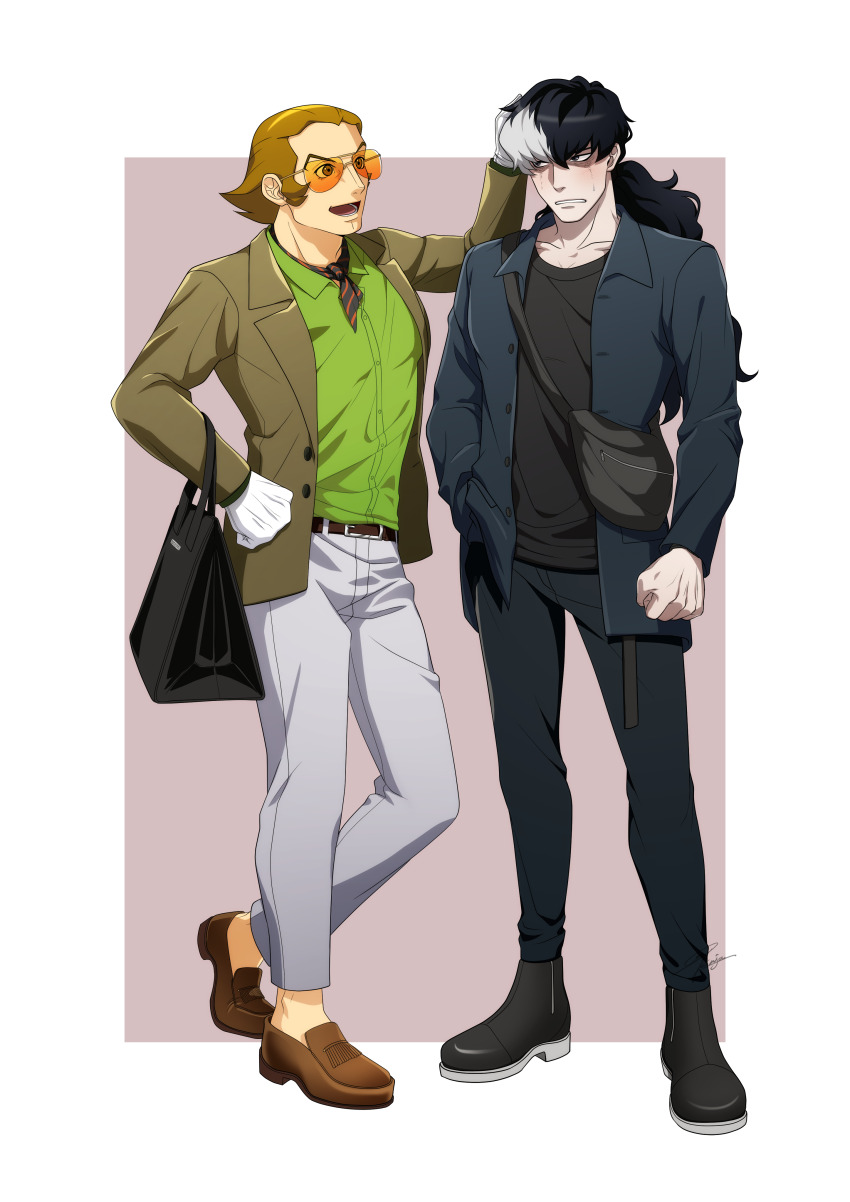 2boys absurdres ace_attorney bag belt black_bag black_hair black_jacket black_pants black_shirt black_shoes blush bobby_fulbright boots brown_belt brown_hair brown_jacket brown_shoes clenched_hand collared_shirt eyes_visible_through_eyewear facial_mark full_body green_shirt grey_eyes grey_pants hand_in_pocket hand_on_another&#039;s_head hand_on_own_hip handbag highres jacket low_ponytail male_focus multiple_boys necktie open_clothes open_jacket open_mouth orange-tinted_eyewear pants phoenix_wright:_ace_attorney_-_dual_destinies ponytail sano_(hospital_0434) shirt shoes shoulder_bag signature simon_blackquill standing striped_necktie teeth tinted_eyewear white_hair