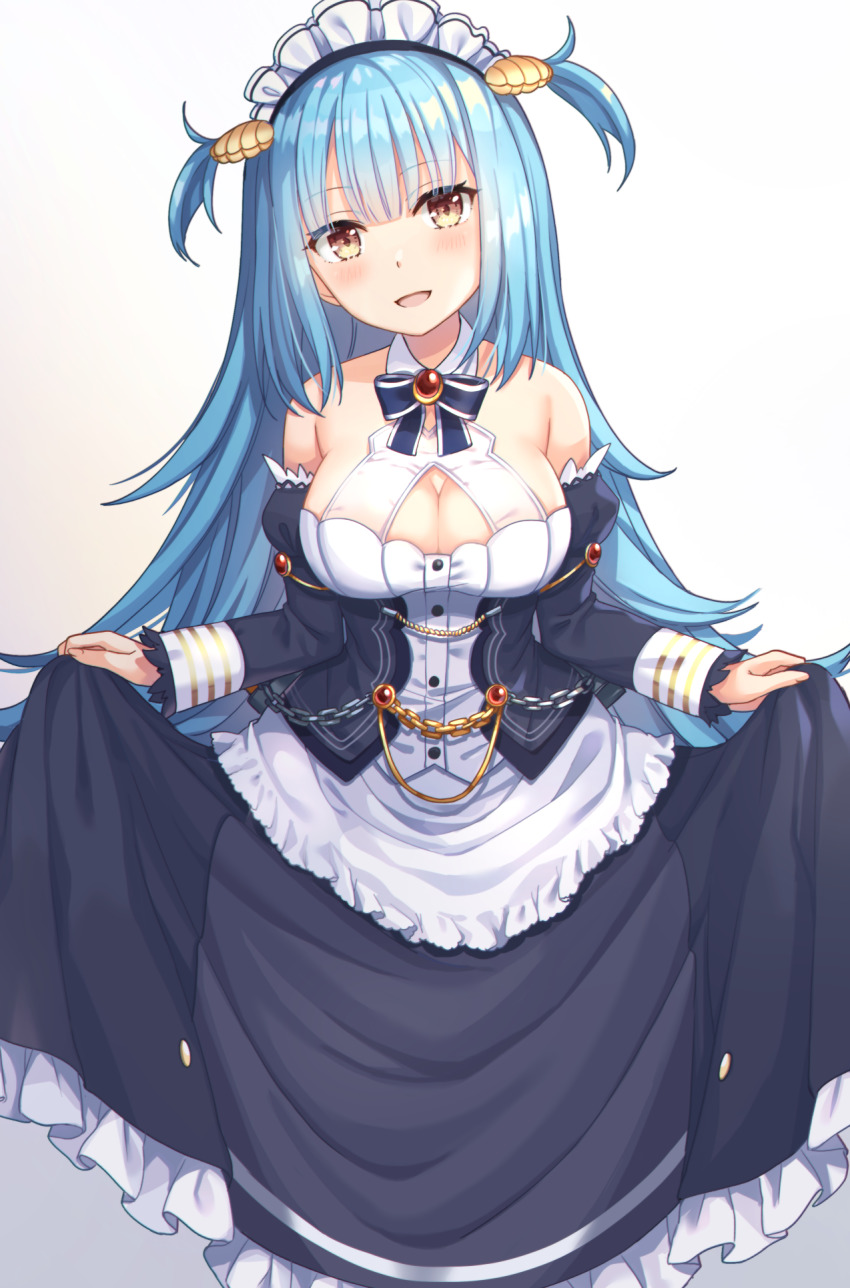 1girl azur_lane bare_shoulders blue_hair blunt_bangs breasts cleavage clothes_lift commentary_request commission dress dress_lift gradient_background grey_background hair_ornament highres kon_(k0n16) large_breasts lifting_own_clothes long_hair looking_at_viewer maid_headdress neptune_(azur_lane) open_mouth shell_hair_ornament skeb_commission smile solo two_side_up yellow_eyes