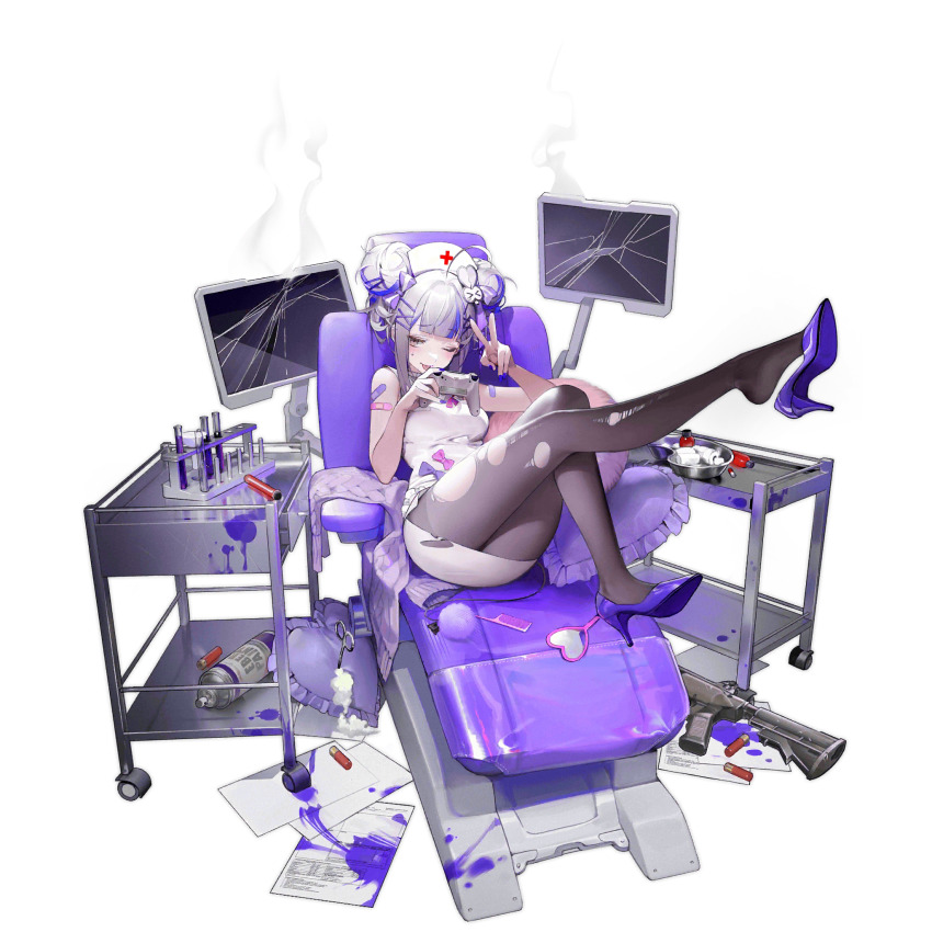 1girl ;p ahoge bandaid bandaid_on_shoulder black_pantyhose blunt_bangs blush breasts broken_screen cart chair comb controller cross detached_sleeves double_bun dress expressive_clothes faux_figurine fn_tps foot_up full_body game_controller girls&#039;_frontline grey_hair grey_sleeves hair_bun hair_ornament hair_ribbon hat heart heart-shaped_mirror heart-shaped_pillow heart_hair_ornament high_heels highres holding holding_controller holding_game_controller huge_ahoge kidney_tray large_breasts legs looking_at_viewer mirror monitor multicolored_hair multiple_monitors nurse nurse_cap official_alternate_costume official_art one_eye_closed pantyhose paper pill pillow pink_bandaid purple_eyes purple_hair purple_liquid purple_nails purple_ribbon purple_shoes red_cross revision ribbon s.joop shoe_dangle shoes short_hair shotgun_shell sidelocks simple_background sitting sleeveless sleeveless_dress smoke solo streaked_hair stuffing surgical_scissors test_tube test_tube_rack third-party_source tongue tongue_out torn_clothes torn_pantyhose tps_(cardiac_arrest)_(girls&#039;_frontline) tps_(girls&#039;_frontline) transparent_background two-tone_hair unworn_sleeves v weapon_on_floor white_dress x_hair_ornament