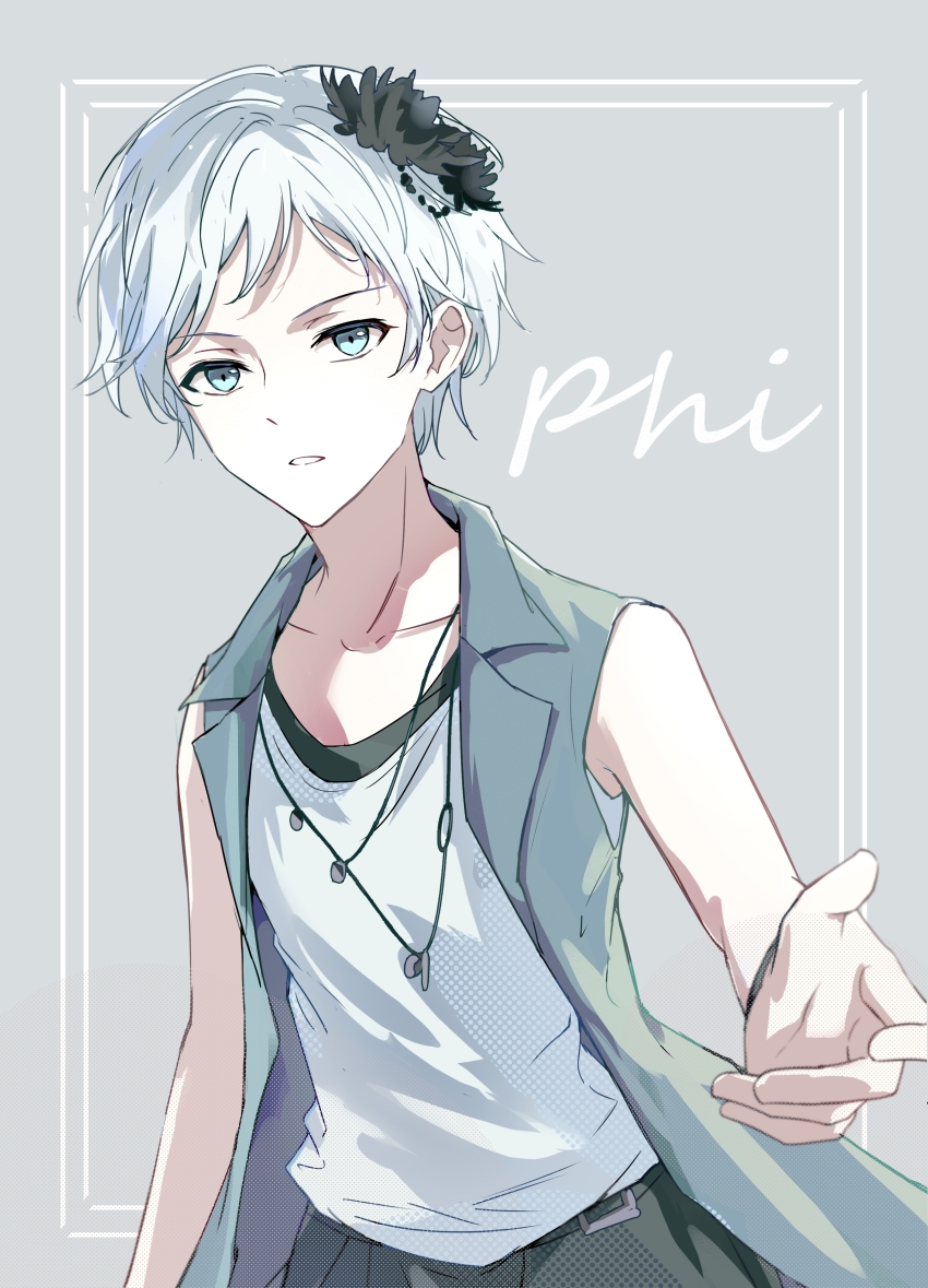 1girl absurdres black_flower blue_eyes blue_jacket character_name flower grey_background hair_flower hair_ornament highres jacket jewelry kyokugen_dasshutsu kyokugen_dasshutsu_adv:_zennin_shibou_desu m15889769685_1 necklace open_clothes open_jacket phi_(kyokugen_dasshutsu) reaching reaching_towards_viewer shirt short_hair sleeveless sleeveless_jacket sleeveless_shirt solo very_short_hair white_hair white_shirt