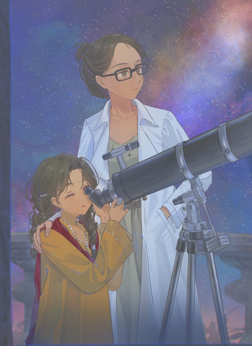 2girls ;o absurdres aged_down black-framed_eyewear black_hair braid brown_eyes child coat glasses grey_pants grey_shirt hair_bun hand_in_pocket hand_on_another&#039;s_shoulder hands_up highres kaalaa_baunaa kumar_(reverse:1999) lab_coat long_hair looking_through_scope looking_up low_twin_braids milky_way multiple_girls night night_sky one_eye_closed pants purple_eyes railing reverse:1999 rokilly shirt sky star_(sky) stargazing starry_sky teacher_and_student telescope twin_braids white_coat yellow_shirt