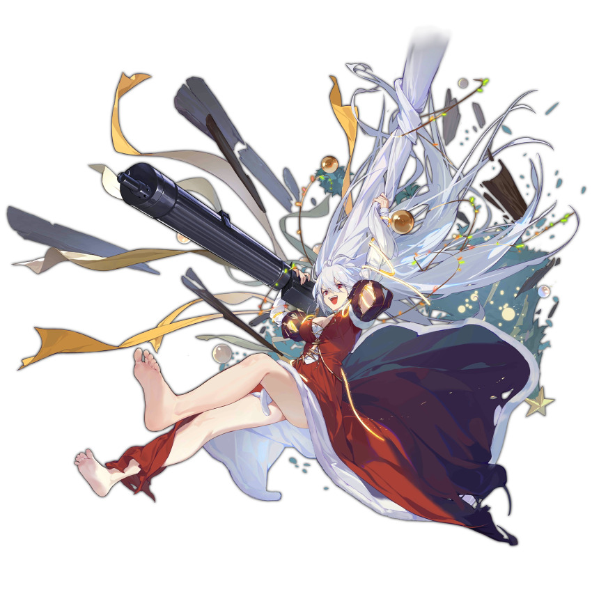 1girl absurdly_long_hair antenna_hair bare_legs barefoot breasts christmas christmas_lights christmas_ornaments christmas_star christmas_tree cleavage dress feet full_body girls&#039;_frontline gun hair_between_eyes highres holding holding_gun holding_weapon large_breasts long_dress long_hair machine_gun maxim_gun official_alternate_costume official_art open_mouth maxim_gun pm1910_(girls&#039;_frontline) pm1910_(party_in_the_queen&#039;s_tower)_(girls&#039;_frontline) red_dress red_eyes smile soles solo swinging teeth toes torn_clothes torn_dress transparent_background upper_teeth_only very_long_hair weapon white_hair xiao_qiang_sang