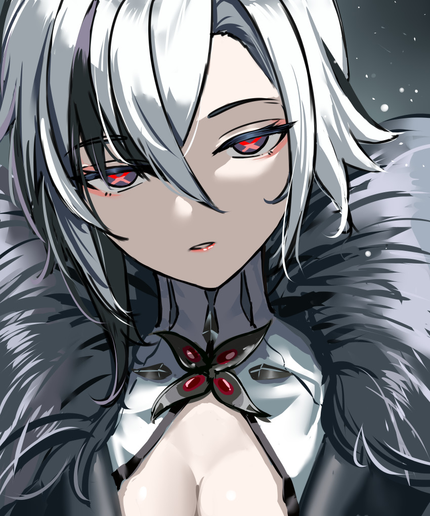 1girl absurdres arlecchino_(genshin_impact) black_eyes black_hair breasts coat eyebrows_hidden_by_hair genshin_impact hair_between_eyes highres katsuboys looking_at_viewer multicolored_eyes multicolored_hair open_mouth red_eyes short_hair solo upper_body white_hair