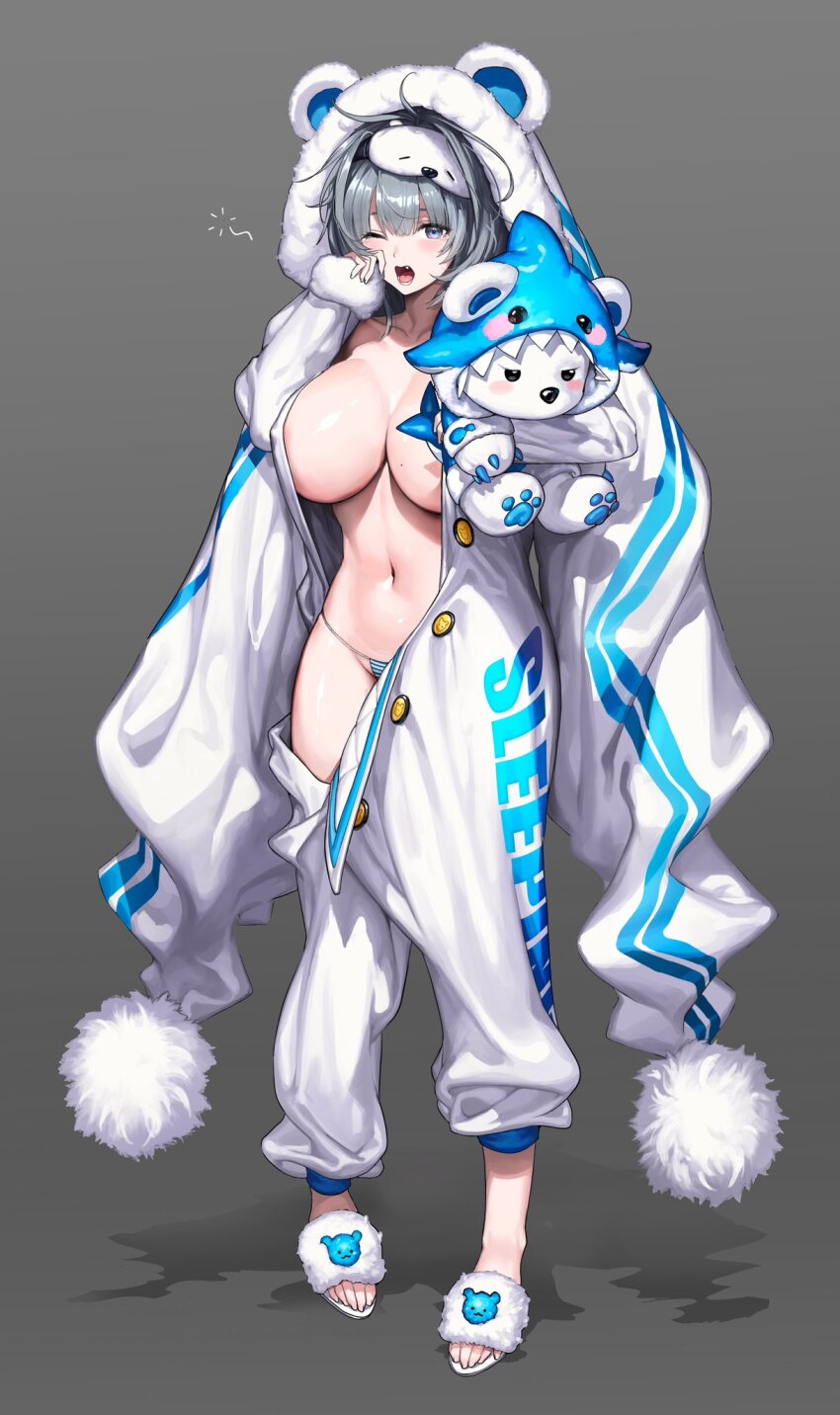 blue_panties breasts goddess_of_victory:_nikke highres holding holding_stuffed_toy large_breasts midriff navel neve_(nikke) one_eye_closed open_mouth pajamas panties pasadena sleep_mask slippers stomach stuffed_toy unbuttoned underwear yawning