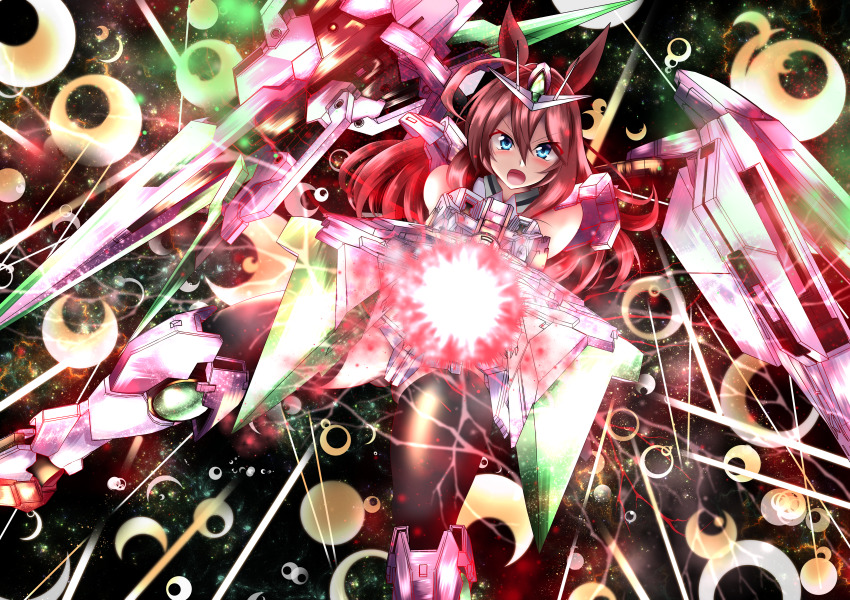 00_qan[t] 00_qan[t]_(cosplay) 00_qan[t]_full_saber 1girl absurdres blue_eyes brown_hair commentary_request cosplay gundam gundam_00 gundam_00_a_wakening_of_the_trailblazer highres horse_girl long_hair mecha_musume mihono_bourbon_(umamusume) solo space umamusume w00l_09