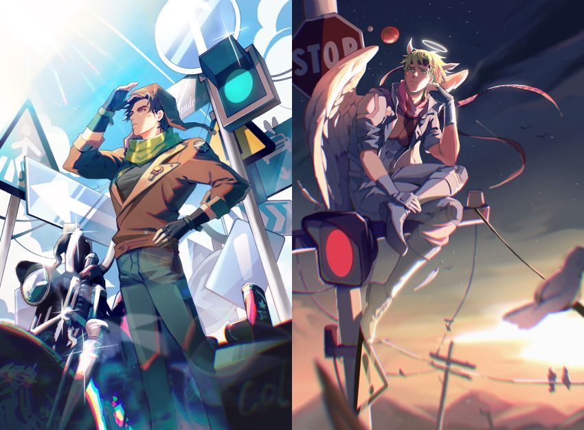 2boys absurdres angel_wings battle_tendency blonde_hair blue_jacket bomber_hat bomber_jacket boots brown_hair brown_jacket bubble caesar_anthonio_zeppeli can cityscape copyright_name denim drink_can facial_mark feather_hair_ornament feathered_wings feathers fingerless_gloves gloves green_eyes hair_ornament hair_ribbon halo hand_on_own_hip headband highres jacket jeans jojo_no_kimyou_na_bouken joseph_joestar joseph_joestar_(young) jpeg_artifacts knee_pads looking_up male_focus motor_vehicle motorcycle multiple_boys pants pickieeeee pink_scarf power_lines ribbon road_sign scarf shading_eyes sign sky soda_can stop_sign sun traffic_light triangle_print utility_pole white_wings wings year