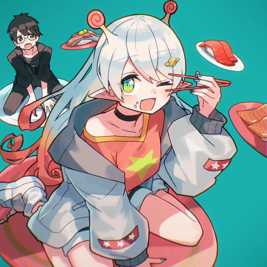 1boy 1girl absurdres antennae aqua_background aqua_nails black_choker black_eyes black_hair black_jacket black_shirt choker commentary food food_on_face glasses gradient_eyes gradient_hair green_eyes grey_jacket highres jacket katsu_(katsupainter) long_hair looking_at_viewer multicolored_eyes multicolored_hair nail_polish official_art one_eye_closed open_mouth orange_hair orange_shirt original pointy_ears rice rice_on_face shirt shoes short_hair shorts simple_background sitting sushi wariza white_hair white_shoes